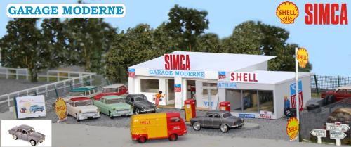 SAI 163 – Garage moderne SIMCA, 1950-1960, Station-service Shell et Atelier de réparation avec pompes et Simca Aronde P60