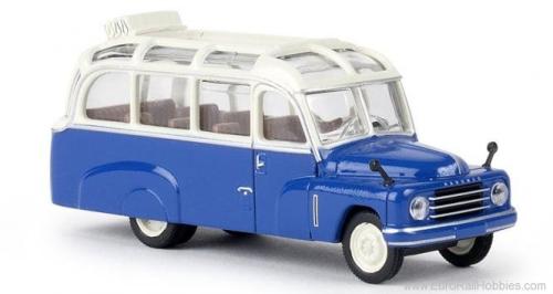 Brekina 58181 - Autocar Hanomag L 28, bleu / beige toit ouvert