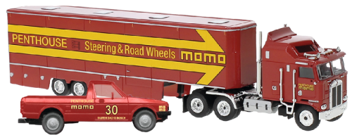 Brekina 85735 - Zugmaschine Kenworth K100 Aerodyne mit MOMO semi trailer und VW Caddy MOMO