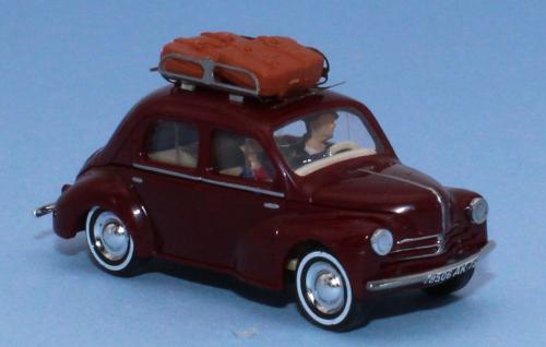 SAI 1730 - Renault 4cv purple red, car roof rack, 2 luggages, driver and one passenger