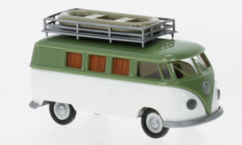 Brekina 31624 - VW T1b camper, green / white, with pneumatic boat, 1960