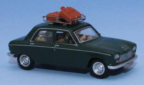 SAI 1723 - Peugeot 204 vert antique, galerie de toit, 2 valises, un conducteur et un passager