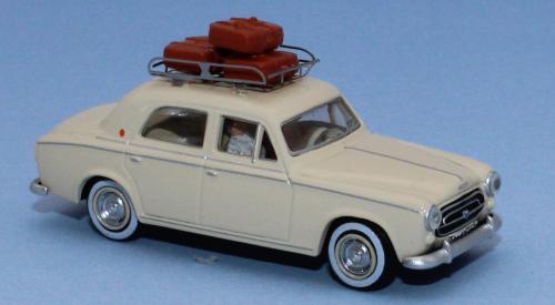 SAI 1820 - Peugeot 403 beige ivoire, galerie de toit, 3 valises, un conducteur et un passager