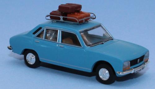 SAI 1824 - Peugeot 504, bleu canard, galerie de toit et 3 valises