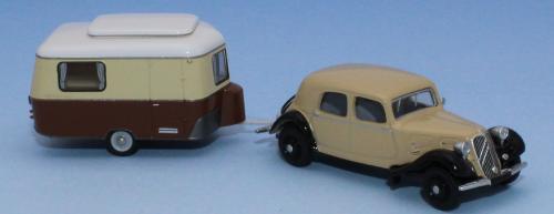 SAI 6172 - Citroën Traction 11A 1935, beige Maintenon et noire avec caravane Eriba ivoire et beige