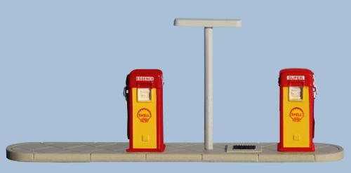 SAI 1089 - 2 distributeurs d'essence SATAM avec volucompteur électrique, années 1950-1960, Shell ; avec lampadaire factice et socle