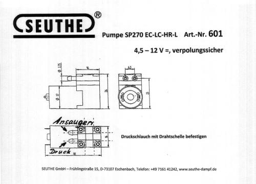 Seuthe 601 - Pompe SP270 EC-LC-HR-L 4.5 - 12V = pour super générateur de fumée. pour échelles O et I.