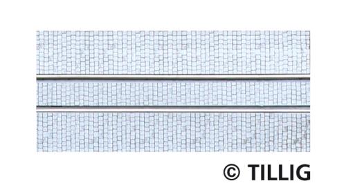 Tillig 87511 - Rail droit, 1 voie, longueur 105,6 mm, revêtement pavés, avec supports