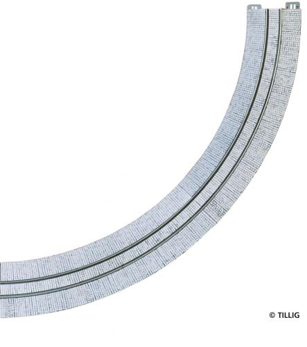 Tillig 87756 - Rail courbe, 1 voie, rayon 250 mm, 90°, revêtement pavés, avec supports