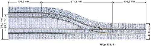 Tillig 87616 - Embranchement à droite, longueur 422,4 mm, revêtement pavés, avec supports